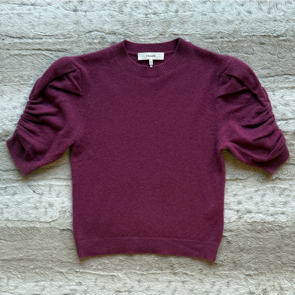 NWOT  FRAME Ruched Sleeve 100% Cashmere Sweater in Dragon Fruit - Picture 4 of 10
